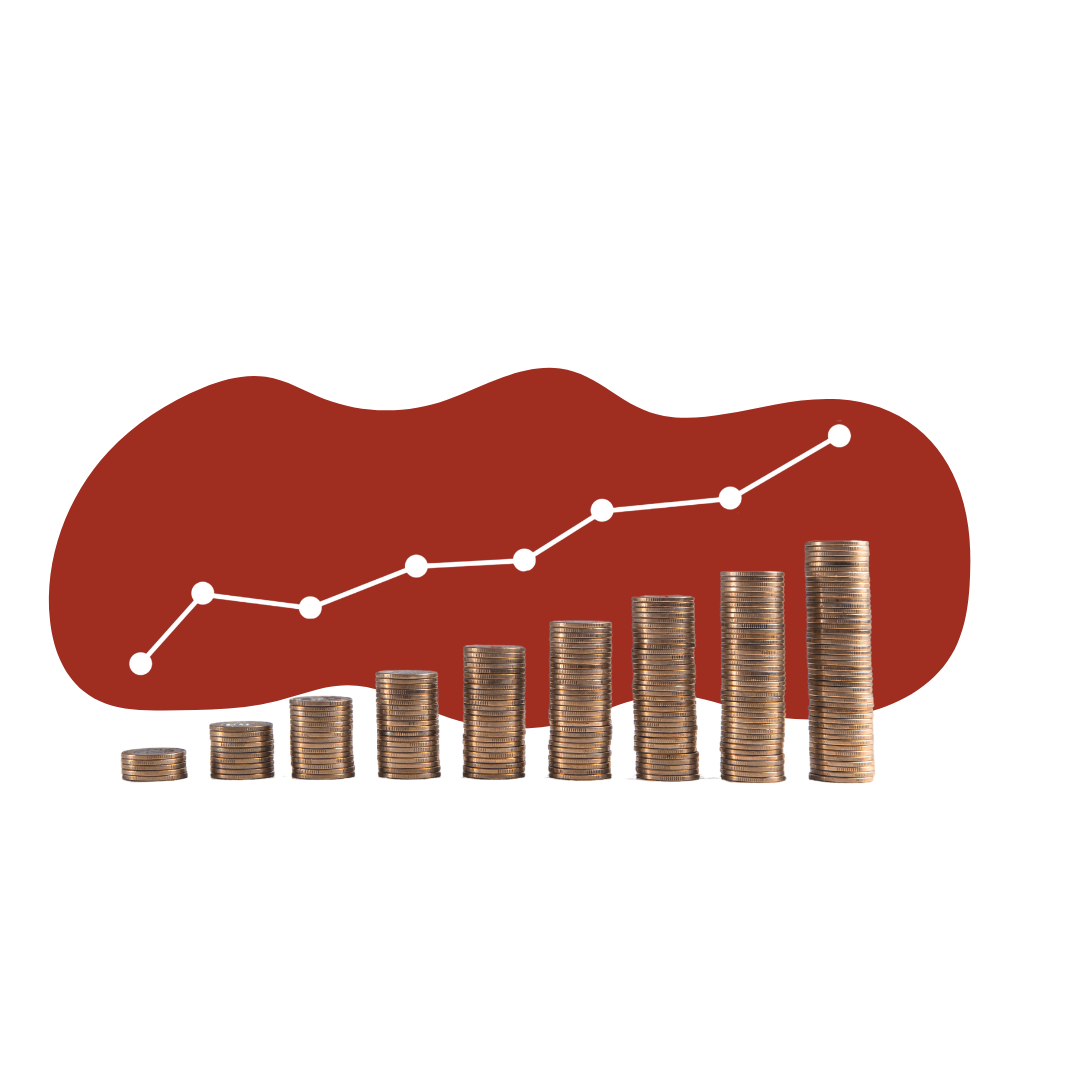 Stacked coins with a chart going up