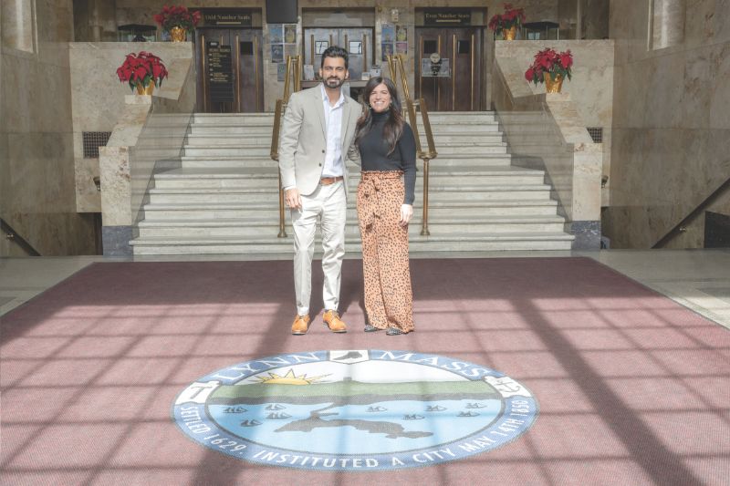 Leader Bank’s Vice President of Business Development Sumit Dhankhar and City of Lynn Treasurer and Collector Elyse Fannon at Lynn City Hall.