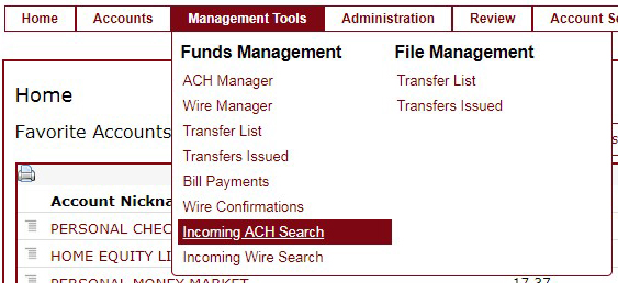 Incoming ACH Search