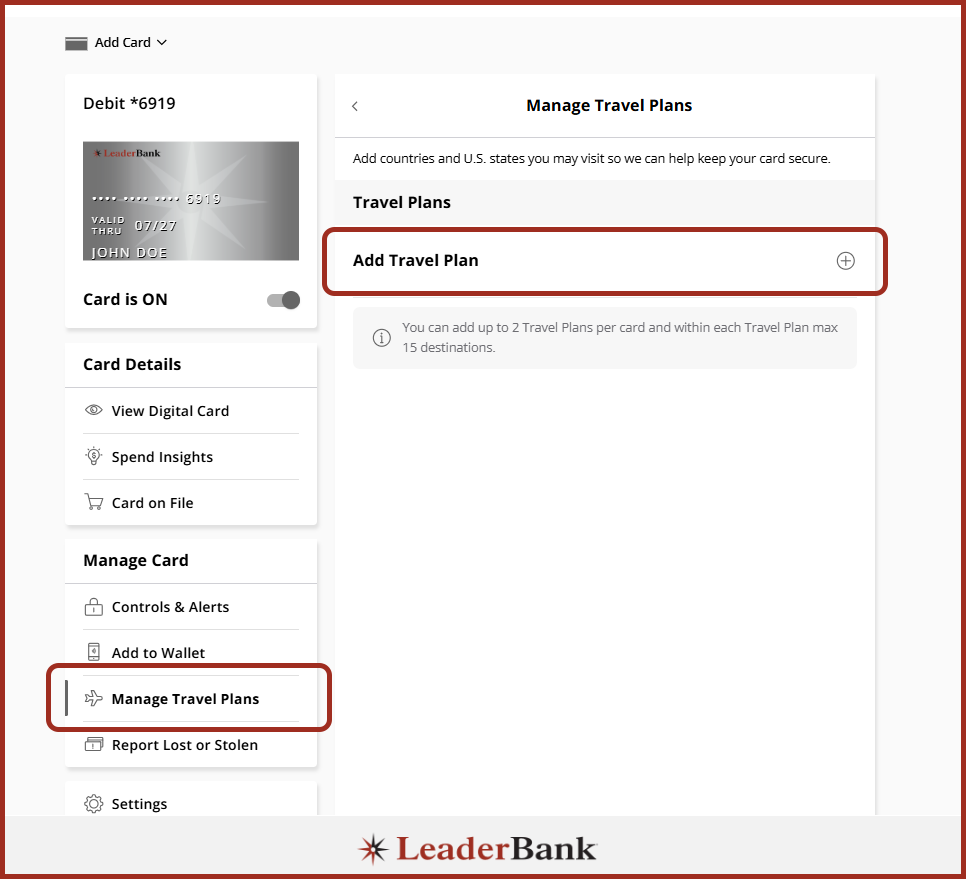 Digital banking screenshot with instructions on setting up travel plans